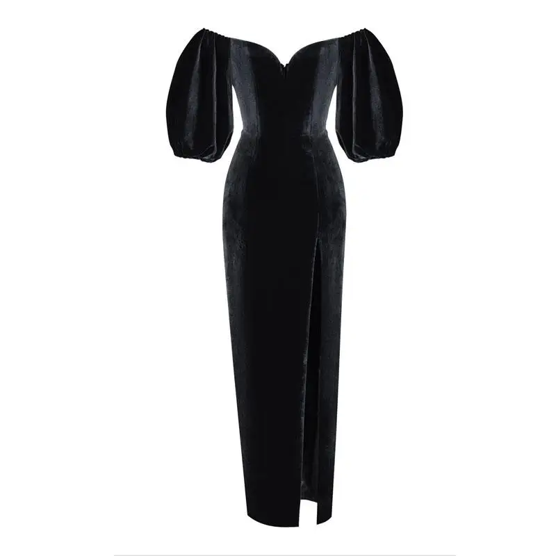 Getвесеннее женское платье бархатное платье с вырезом лодочкой и открытыми плечами женское платье макси в стиле ретро элегантное черное длинное платье осень - Цвет: black