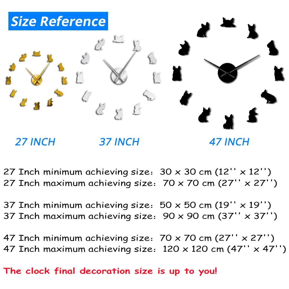 Французский бульдог DIY гигантские 3D бескаркасные настенные часы Франция домашняя собака большой Frenchie настенные часы Dod пород собак влюбленных подарок