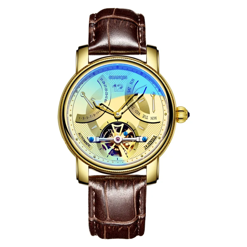 GUANQIN Luminous Watch For Men Automatic Mechanical Wristwatches Watches Luxury Butterfly buckle Push Button Hidden Clasp