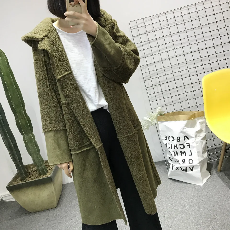 

KT Winter Korean-style Thick Loose-Fit Suede Lambs Wool Joint Hooded Mid-length Overcoat Cotton Overcoat
