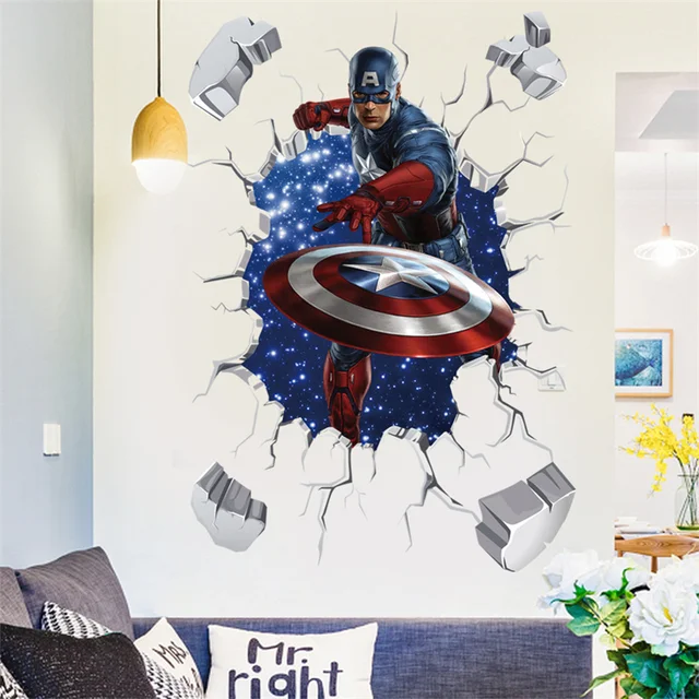 3D -S Kapitány Amerika Pajzsán Keresztül A Fali Matricák Gyerekszobák Wc -Dekoráció Az Avengers Art Pvc Falfestmény Plakátok