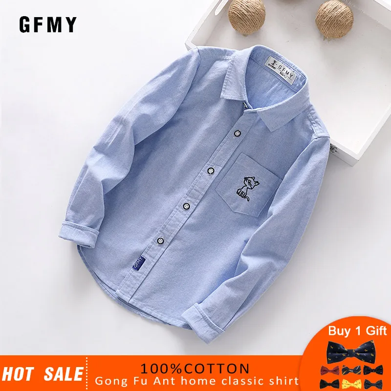 GFMY/ г. Осенняя хлопковая однотонная белая рубашка с длинными рукавами для мальчиков От 3 до 14 лет детская повседневная школьная одежда 9004 - Цвет: blue