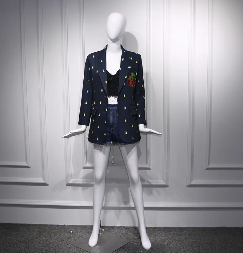 Elegant Women Black Blazer Luxury Brand Office Lady Pineapple Printed Sequins Long Blazer Jacket Autumn Suit Coat Outerwear
