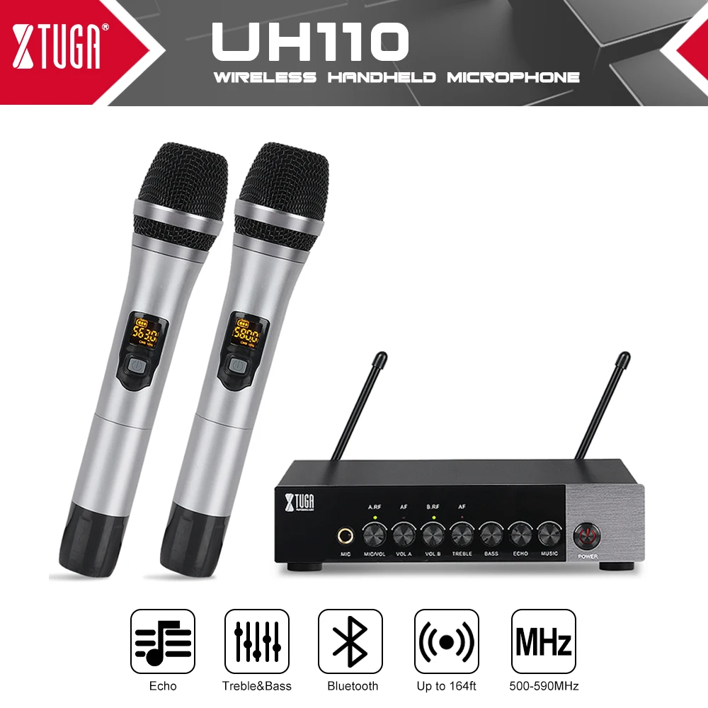 XTUGA UHF Dual Channel Wireless Handheld MicrophoneEasy-to-Use Karaoke Bluetooth Microphone with Treble/Bass/Echo Effect