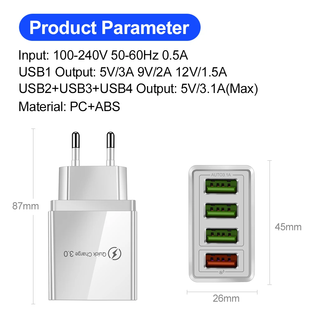 4 USB Charger Quick Charge 3.0 For Phone Adapter for iphone 11 Samsung Tablets UK EU Portable Fast Charging Wall Mobile Charger