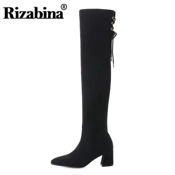 

RIZABINA Chunky Heel Shoes Women Over The Knee Boots Pointed Toe Faux Suede Leather Cross Tied Black Autumn Winter Size 34-43
