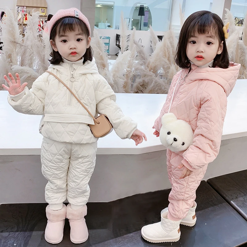 Fashion Baby Girls Winter Clothes Set 1-6Years Old Cotton Padded Hooded  Warm Coat Pants 2Piece-Sets Girls Outfits