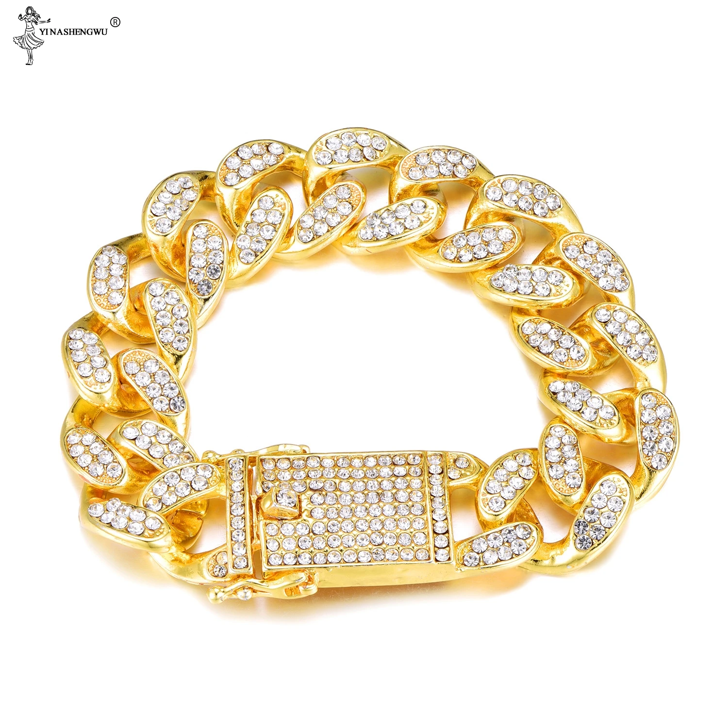 Хип-хоп, кубинские мужские браслеты, золотые стразы, мужские браслеты, уличные ювелирные изделия, браслеты, 19 мм, 8 дюймов