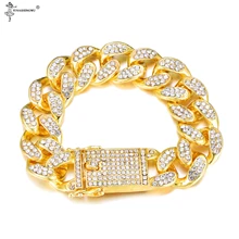 Хип-хоп, кубинские мужские браслеты, золотые стразы, мужские браслеты, уличные ювелирные изделия, браслеты, 19 мм, 8 дюймов