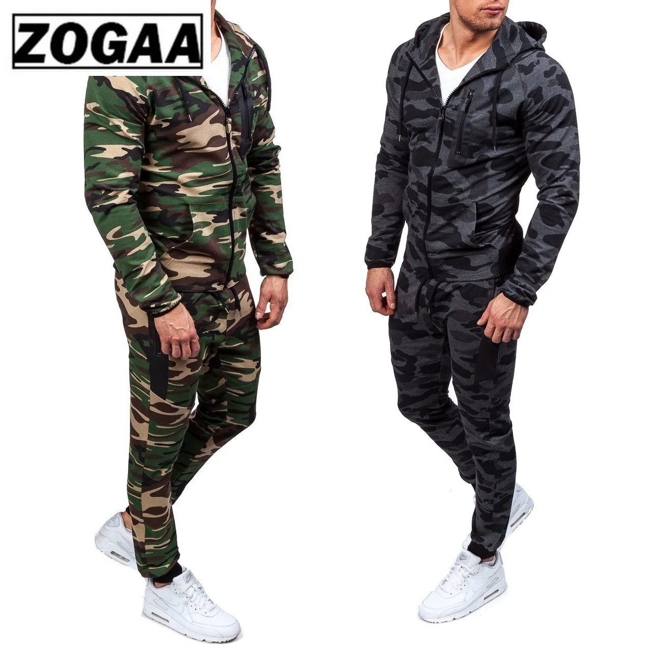 ZOGAA, новинка, Мужской комплект с камуфляжным принтом, повседневная мужская куртка, 2 шт., спортивный костюм, спортивная одежда, толстовка, штаны, костюм для бега