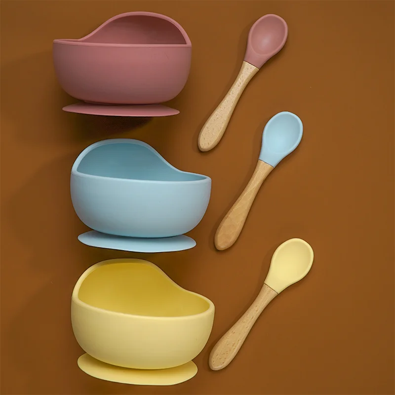 22colors 1set Silicone Baby Feeding Bowl Set Baby Learning Dishes Suction Bowl Set Wood Spoon Non-Slip