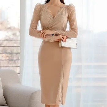 

Cross border 2020 new celebrity fashion V-neck temperament slim panel lace fashion bag hip sexy dress