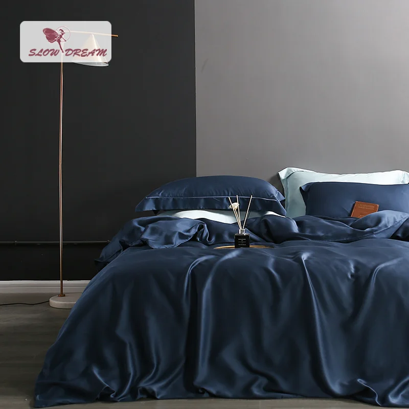 

SlowDream Blue Bedding Set Pure 100% Silk Healthy Duvet Cover Decor Home Luxury Adult Double Bed Cover Flat Sheet Pillowcase