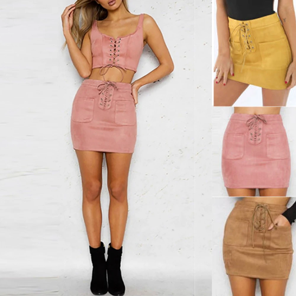 Women Leather Suede Pencil Skirts Short High Waist Bandage Solid Bandcon Sexy Party Wear Mini Skirts Slim Outwear For Women