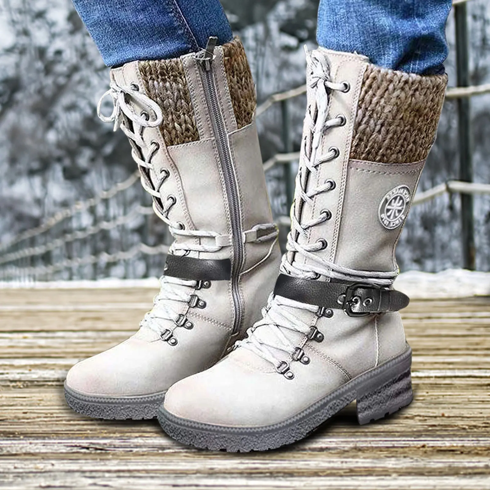 new Women Mid Height Leather Boots Warm Winter Boots with Side Zipper knitted mid-high women's boots wool stitching Marti boots