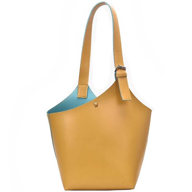 

Lady Bucket Bag Luxury Leather Solid Tote Shopper Bag One Shoulder Messenger Handbags Office OL Elegant Handbags Yellow 2019 New