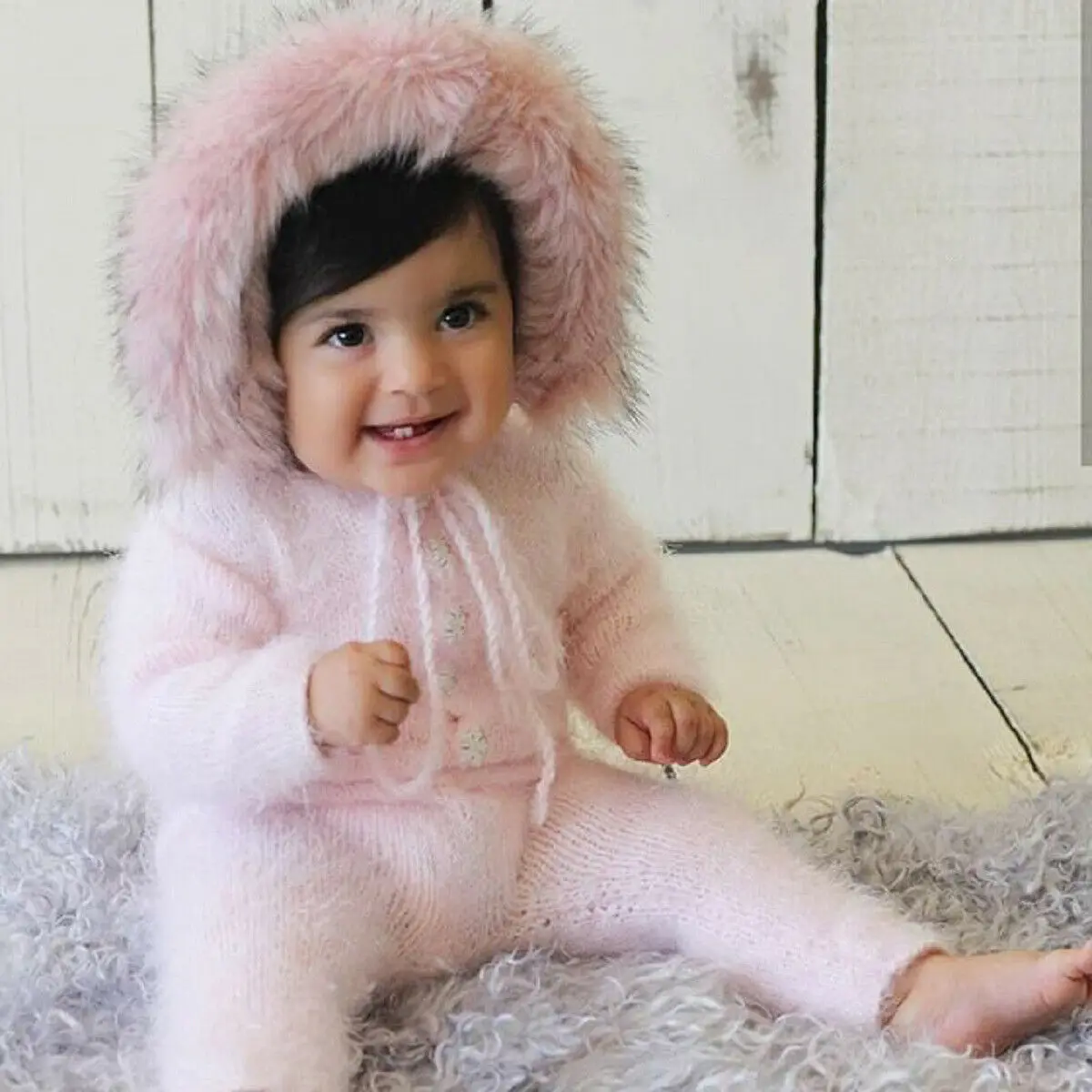 Baby Autumn Winter Clothing Newborn Baby Girls Boys Knitted Clothes Fuzzy Hooded Romper Jumpsuit Warm Playsuit Outfit 0-24M
