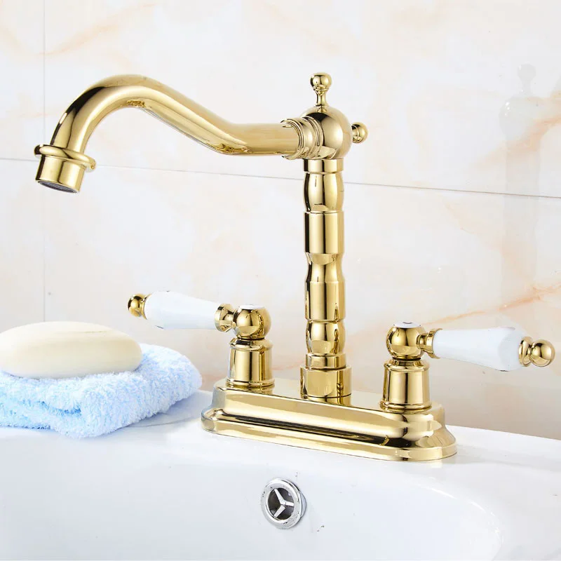 Gold Polished Brass Bathroom Swivel Spout Basin Faucet Wall Mount Sink Mixer Tap