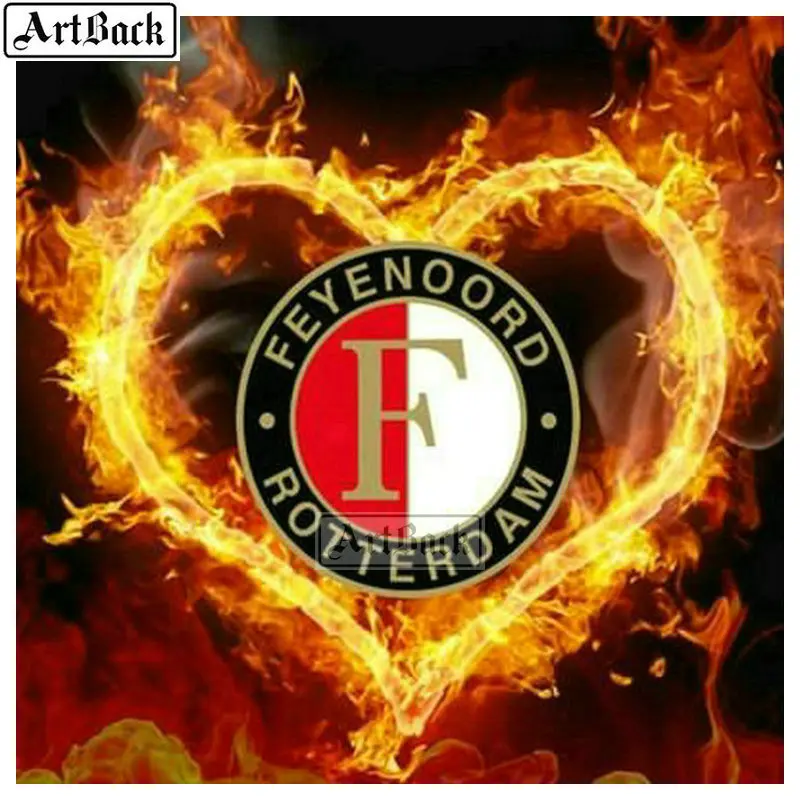Полноразмерный значок Feyenoord алмазная живопись сердце огонь голландский