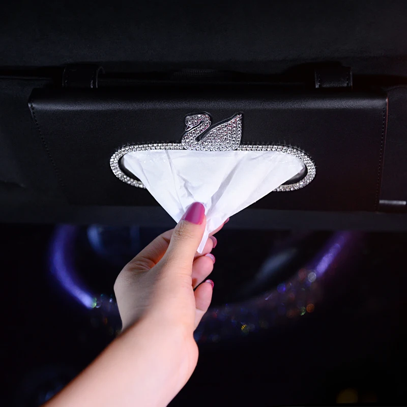 Crystal Car Sun Visor Tissue Box Leather Tissue Bag With Swan Diamond Sunvisor Hanging Holder Napkin Case Interior Accessories