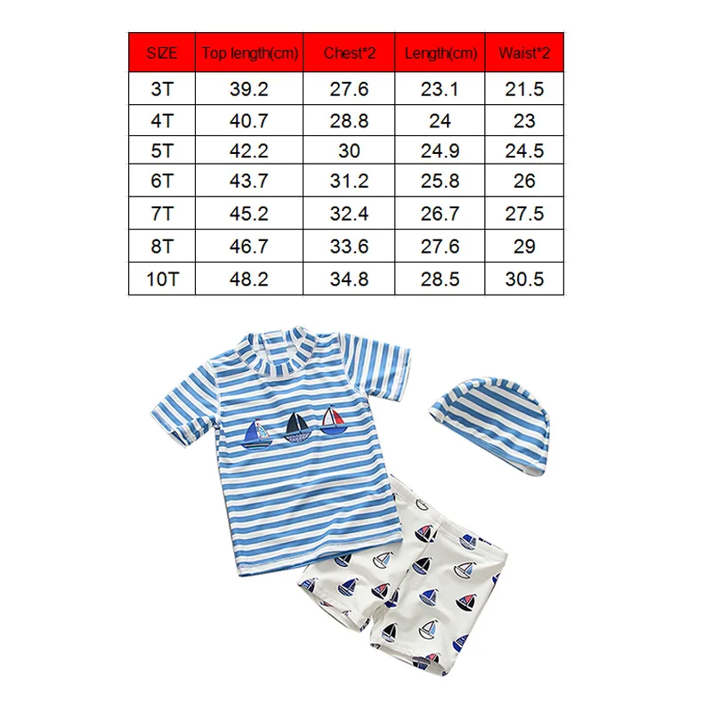 Kids Baby 3Pcs Boys Summer Swimsuit Tops Pants Caps Set Cartoon Boat Printing Swimwear Bathing Trunks Costume Clothing Split
