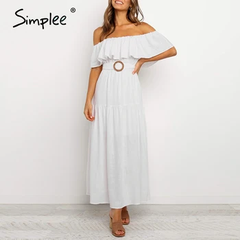 

Simplee Sexy off shoulder white dress Streetwear solid ruffled high waist party dress Holiday beach wear summer maxi dress 2020