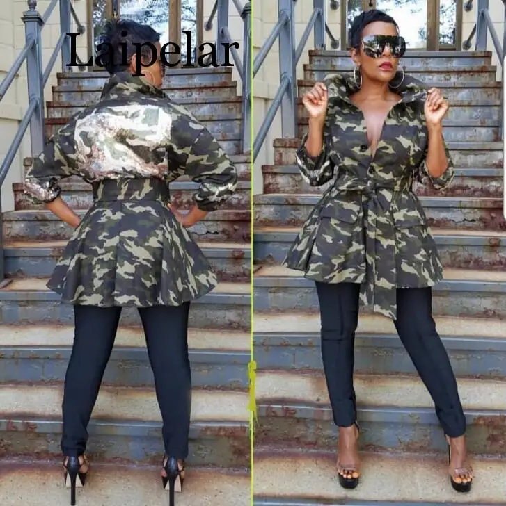 

Sexy Sequin Denim Coats And Jackets Women Autumn Winter 2019 Streetwear Patchwork Pocket Camouflage Print Coat With Belts