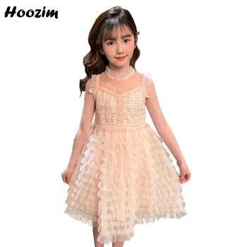 

2020 Summer Beige Sleeveless Transparent Back Elegant Dress Girls 4-11 Years Princess Tulle Pageant Knee Length Dresses Children