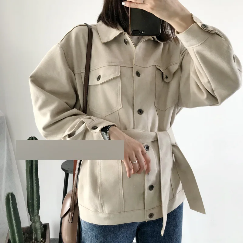 

420bq Can Be Salty Or Sweet Bean Paste Apricot Contour-Shape Retro Laziness Versatile Suede Loose-Fit Cropped Jacket