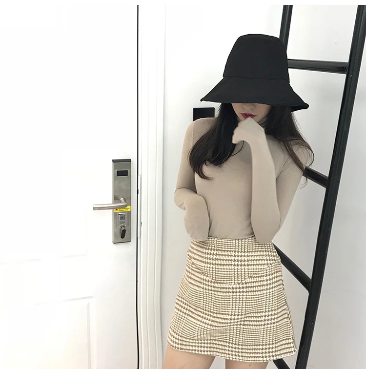 Женские однотонные футболки с высоким воротом, Harajuku, зимняя футболка, облегающая одежда, рубашки с длинным рукавом, обтягивающие хлопковые V688