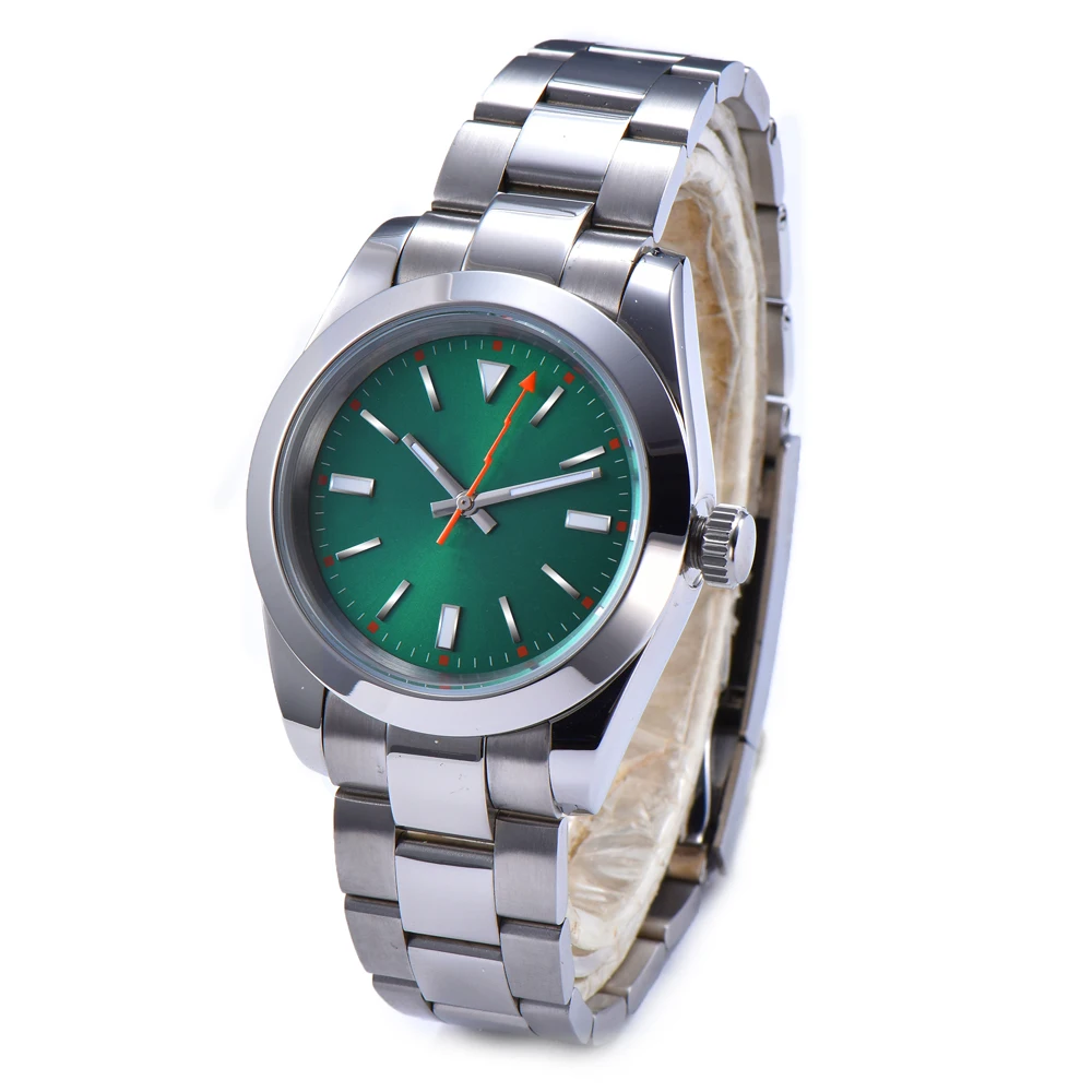 

Watch automatic luminous pointer mechanical green sterile dial AIK polished 39 mm steel case bracelet mineral crystal GL15