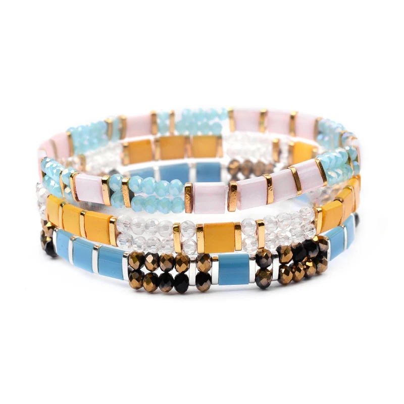 Multicolor Set 1 BOJIU 3 шт./компл. Boho Miyuki Tila Бусы Браслеты для женщин золотые украшения из бисера эластичные летние пляжный браслет Femme BCSET301 - Окраска металла: Multicolor Set 1