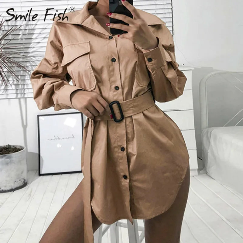 

Streetwear 2019 Autumn Long Sleeve Women Trench Coat Solid Buttons Pocket Sashes Khaki Coat Femme Casaco Feminino Trench GV762