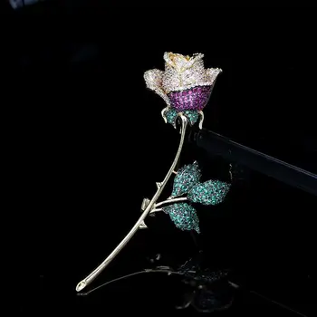 

Pink crystal rose flower brooches for women accessories, Luxury micro inlaid green crystal leaf brosche clothes pins jewelry