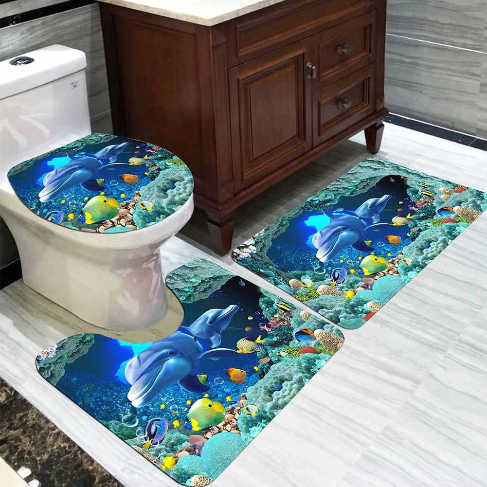 3 шт океан/камень водонепроницаемый полиэстер ванная комната коврик крышка для унитаза набор