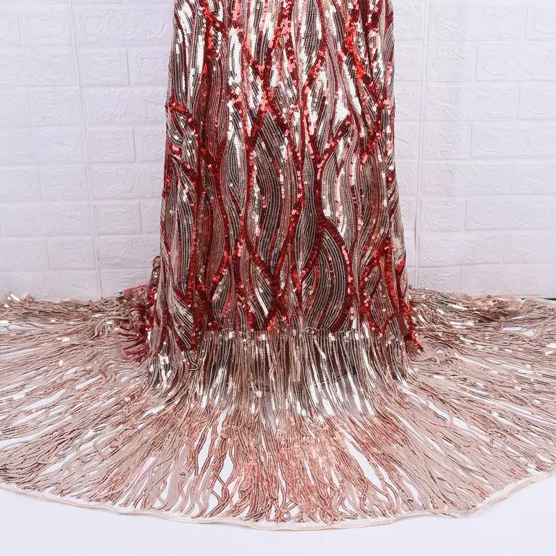 

Latest Wine Red Sequin African Embroidery Tulle Lace Fabric 2019 High Quality French Mesh Lace Fabric With Sequins 5 Yards S1759