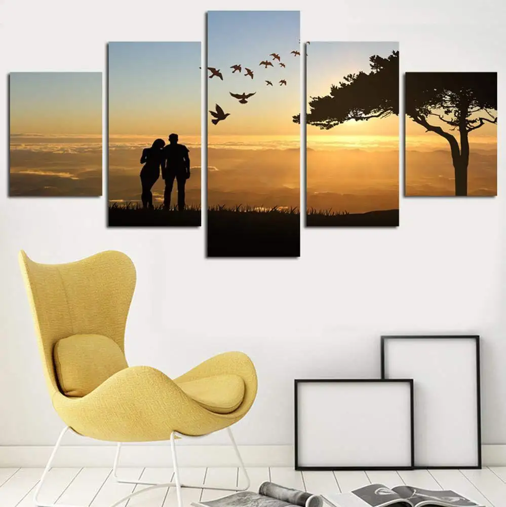 

High-definition Abstract Painting Micro Jet Home Decoration Canvas Oil Painting Hanging Painting Mural 5-frame Couples Sunrise C