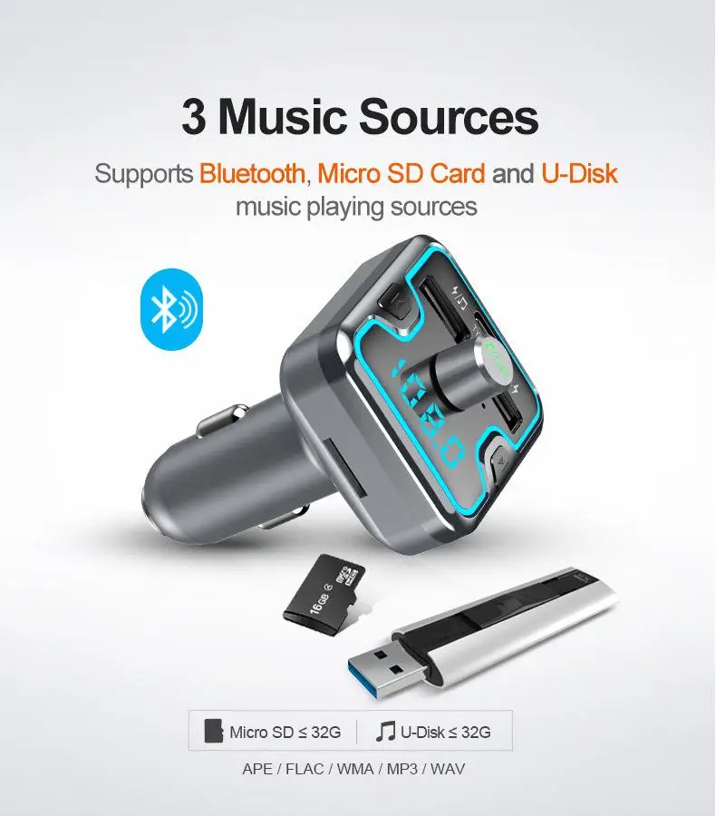 

Bluetooth 5.0 FM Transmitter Car MP3 Music Player Handsfree Support TF Card U-Disk QC3.0 Fast Charging