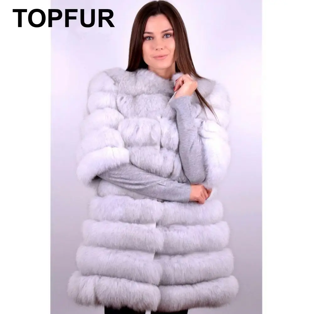 TOPFUR, модное зимнее женское длинное пальто, пальто из натурального меха для женщин, пальто из белого лисьего меха, пальто с круглым вырезом и короткими рукавами, съемная верхняя одежда