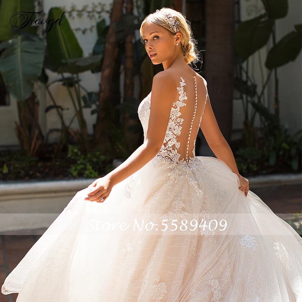 Customized Chic Scoop Illusion A Line Lace Wedding Dresses Elegant Applique Sequins Cap Sleeve Button Court Train Bridal Gown 3