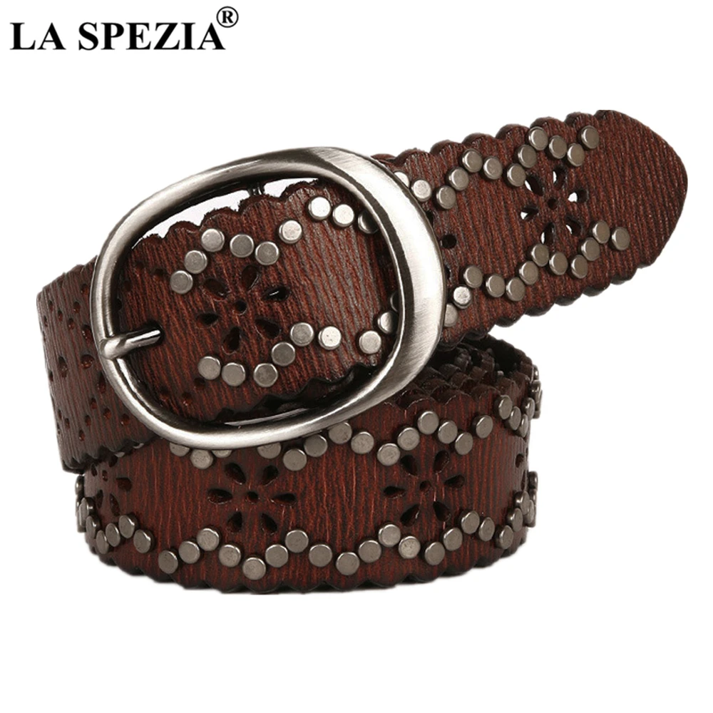 LA SPEZIA Rivet Belt Punk Real Leather Women Belt High Quality Buckle Black Coffee Hip Hop Ladies Rock Waist Belts 110cm 115cm