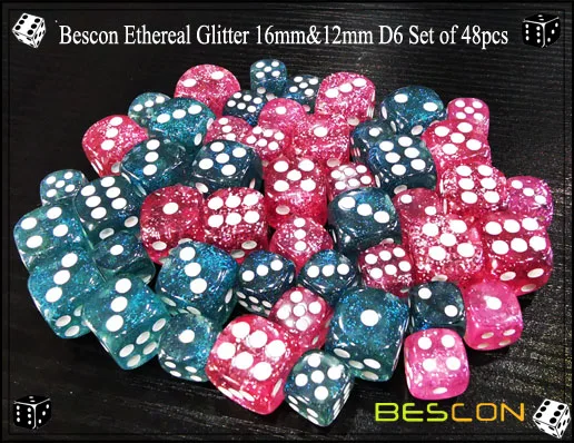 Bescon Ethereal блестящие кости D6 16 мм и 12 мм 48 шт. набор, игра игральные кости блеск Роза и бирюзовый в 12 мм и 16 мм каждый 12 шт