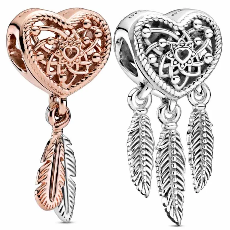 

DIY Charm Rose Openwork Heart & Two Three Feathers Dreamcatcher Pendant 925 Sterling Silver Bead Fit Fashion Bracelet Jewelry
