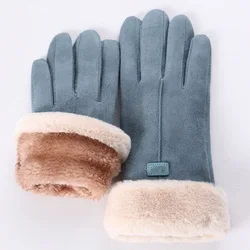 Winter Female Double Thick Plush Wrist Warm Cashmere Cute Cycling Mittens Women Suede Leather Touch Screen Driving Glove