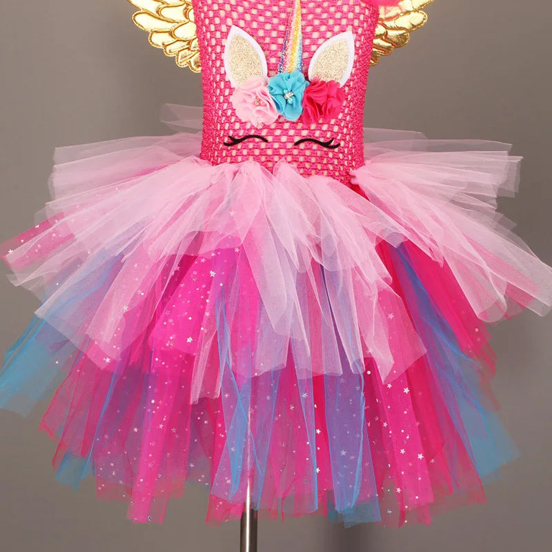 Glittery Unicorn Princess Pageant Flower Girl Tutu Dress Kids Party Costume with Headband and Wings Halloween Cosplay Girl Dresses (11)