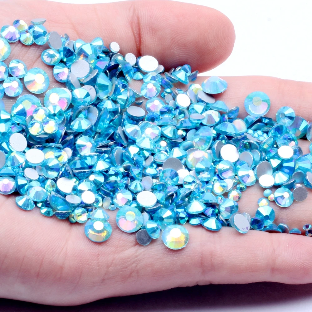 Аквамарин AB с плоским основанием без горячей фиксации Стразы Блестящие