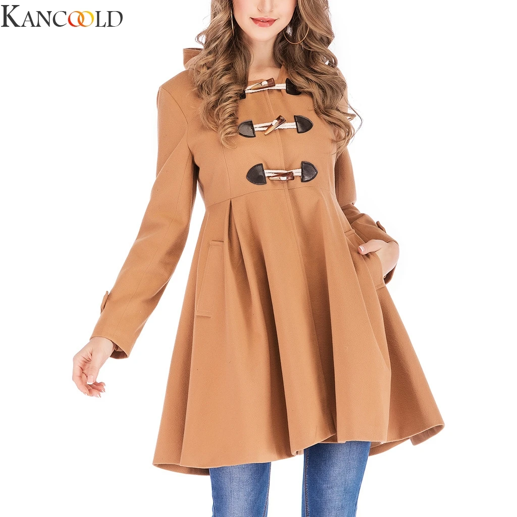 KANCOOLD, Женское пальто с капюшоном, Роговая пряжка, Свободное пальто, средней длины, шерстяная куртка, корейский хлопок, женское повседневное удобное однотонное пальто