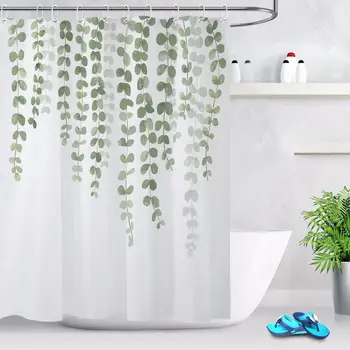 

46Green Leaves Shower Curtain Artistic Nature Bathroom White Waterproof Mildew Resistant Polyester Fabric for Kids Bathtub Decor