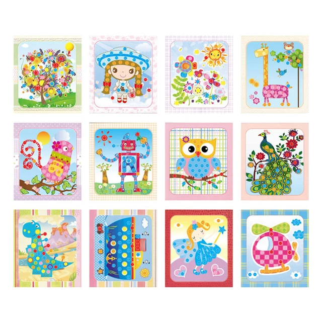 8Pcs Kids DIY Button Puzzle Stickers Cartoon Drawing Art Crafts For Children Early Educational Learning Rhinestone Painting Toys 6