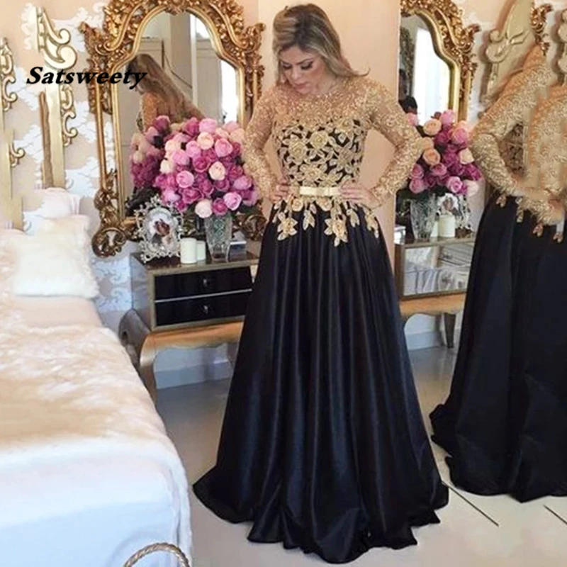 New Stylish Long Sleeves Prom Dresses Gold Applique Black Evening Gown With Belt Satin Formal Prom Dress